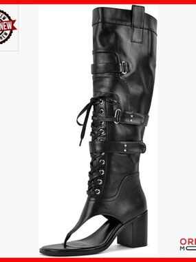Women's Chunky Heel Strappy Knee High Sandals 3.9 Inch Block Heels